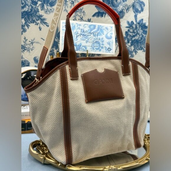 🆕 GANNI 🧿 NWT Small Banner Tote, Egret Cream Canvas & Tan Leather - Picture 5 of 14